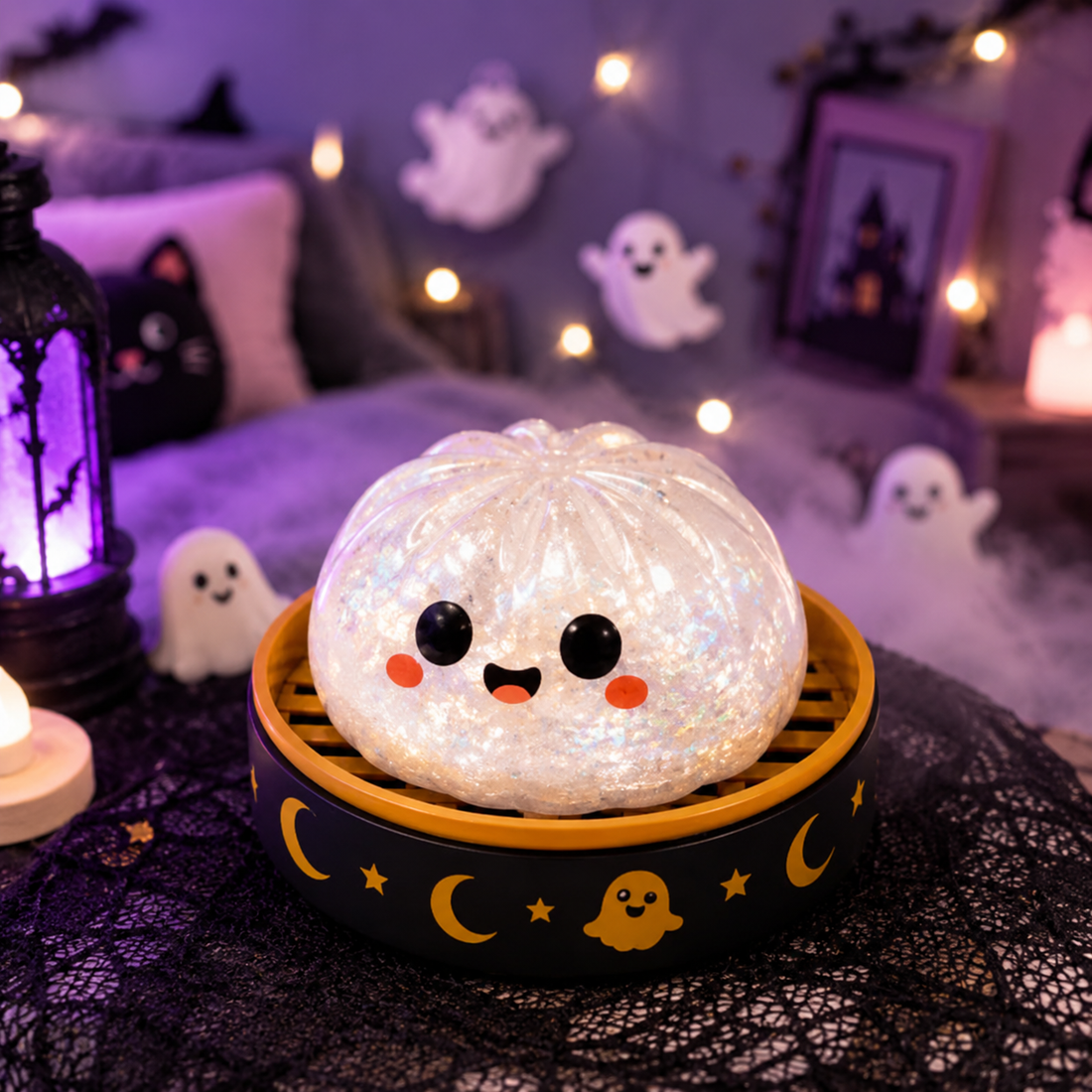 Translucent white ghost Halloween Squishy with orange cheeks