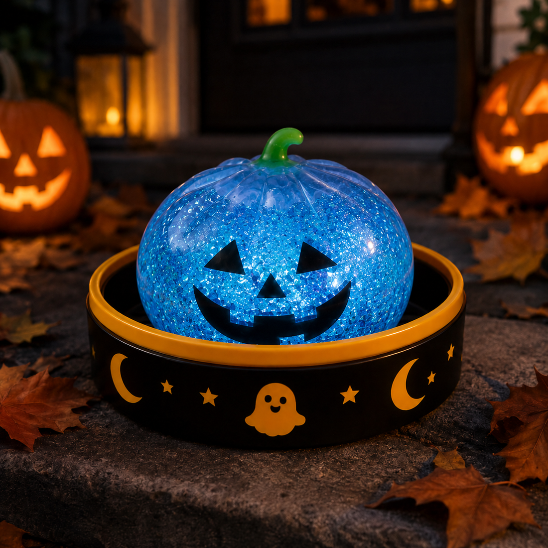 Blue pumpkin Halloween Squishy on a seasonal display