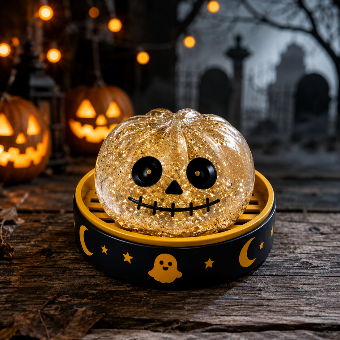 Gold skull Halloween Squishy on a seasonal display