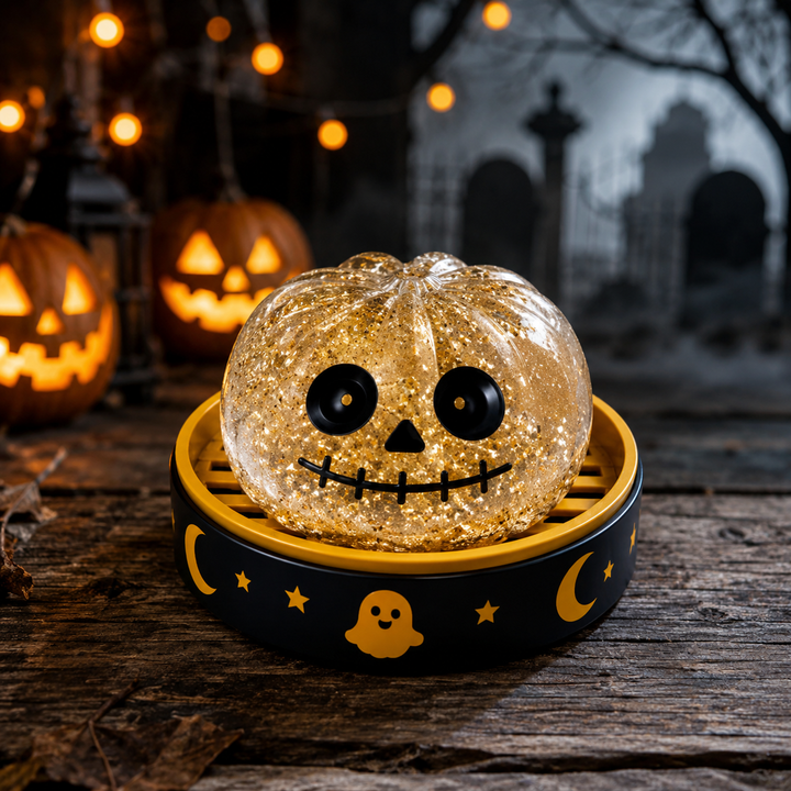 Gold skull Halloween Squishy on a seasonal display