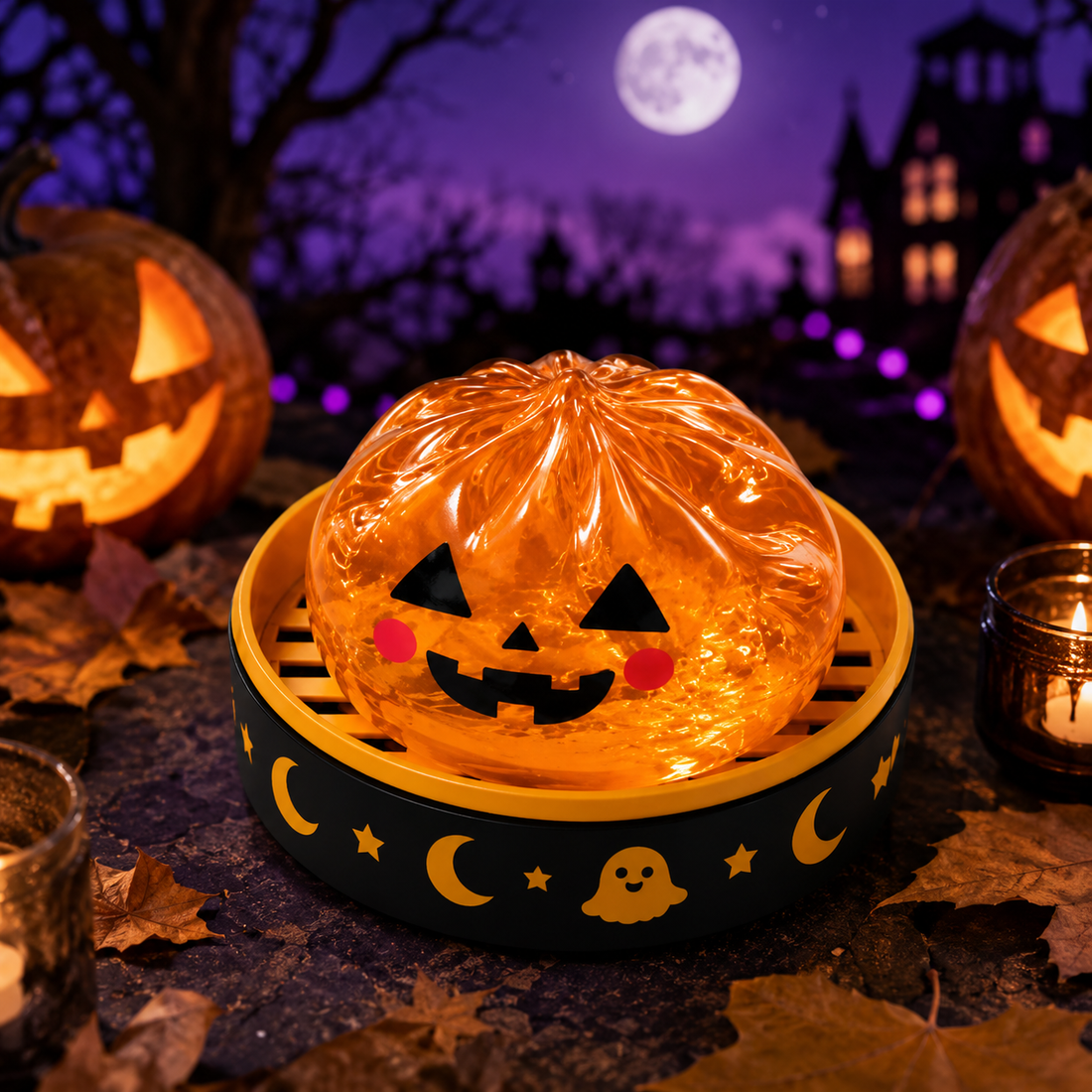 Orange jack-o-lantern Halloween Squishy on a seasonal display