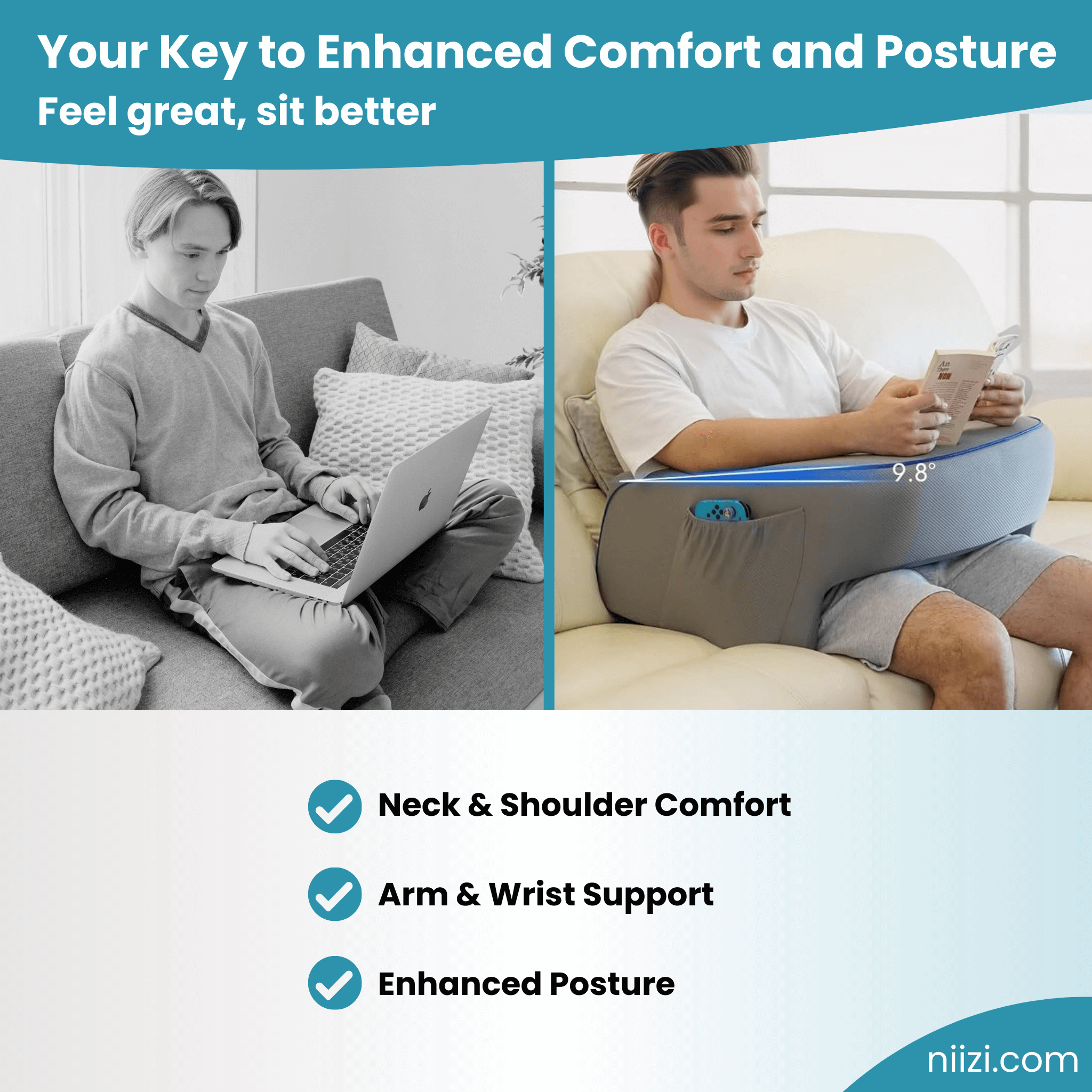 Without it: a laptop on the knees, on a sofa