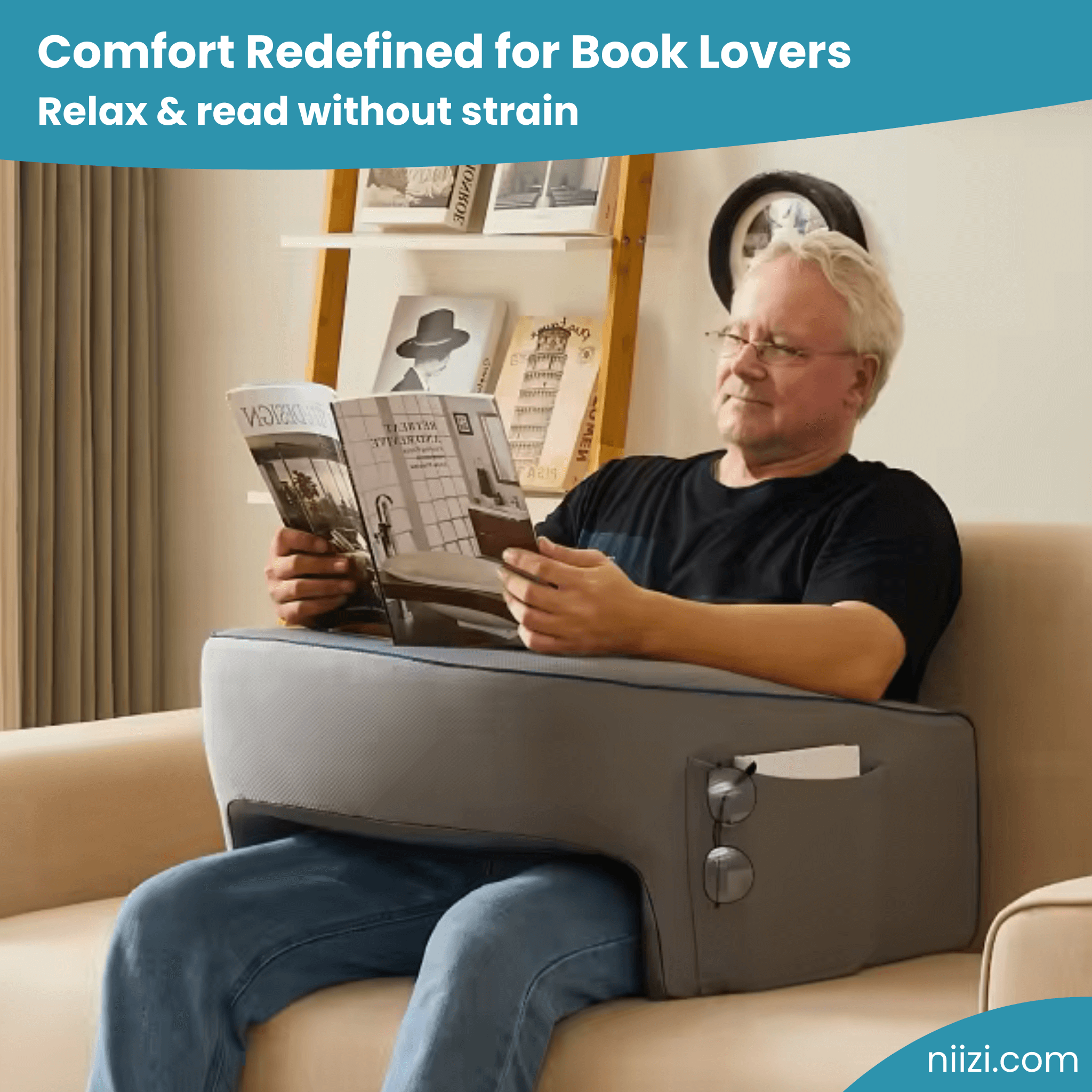 Man reading, forearms on the pillow