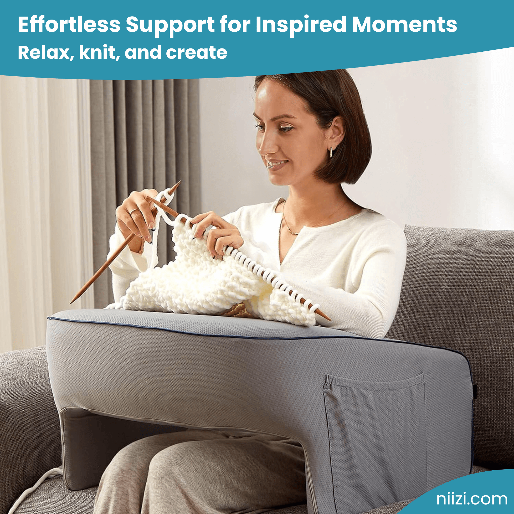 Woman knitting, pillow on her lap